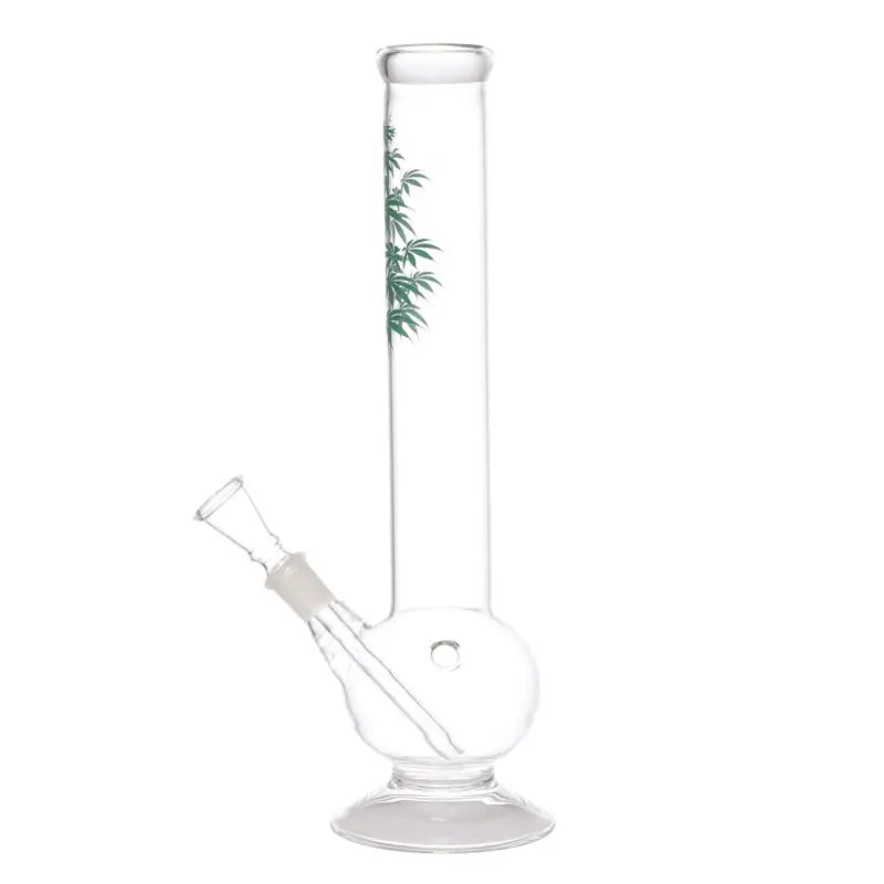This image features a 12 inch glass water bong by Moksha, characterized by a clear, sleek design adorned with a subtle leaf print. The bong, which stands approximately 30 cm tall, includes a single bulbous base that provides a stable foundation.