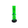 A transparent green acrylic smoking bong with a black base and a blue mouthpiece. Features text and decorative elements on the body.