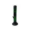 A 12 inch tall acrylic bong with a leaf print design, predominantly green and black in color.