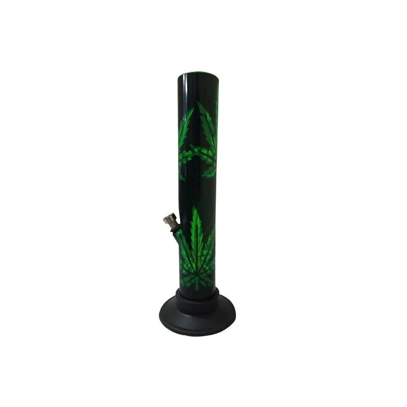 A 12 inch tall acrylic bong with a leaf print design, predominantly green and black in color.