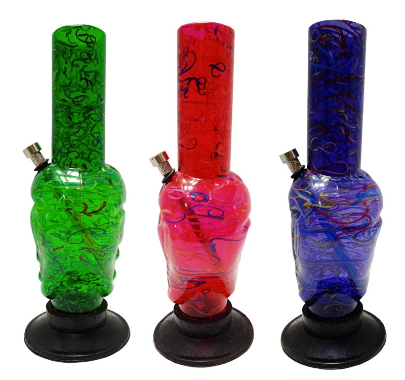 This image displays three Moksha 12" alien-shaped acrylic water bongs, each featuring a unique and vibrant color. The bongs are transparent with swirls of opaque colors, creating a striking visual effect.