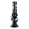 A black acrylic waterpipe bong with a white mushroom print design.