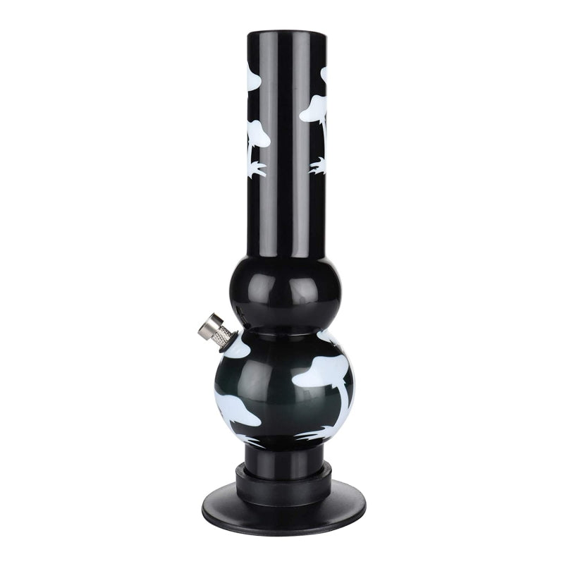 A black acrylic waterpipe bong with a white mushroom print design.