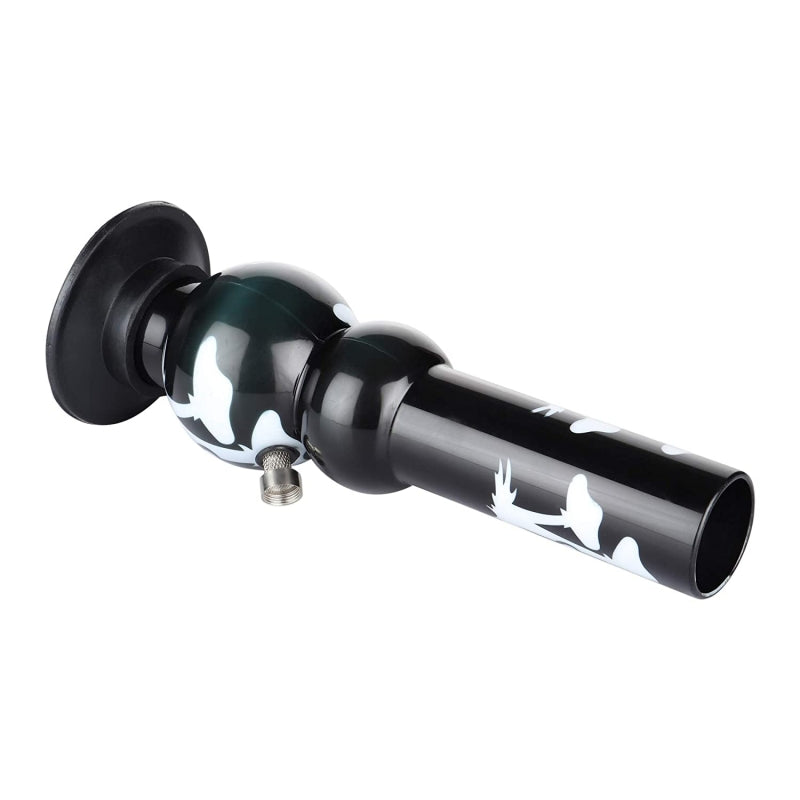 A black acrylic waterpipe bong with a white mushroom print design.