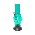 A blue acrylic waterpipe bong with a skull face design on the base, including a bowl for tobacco or herbs.