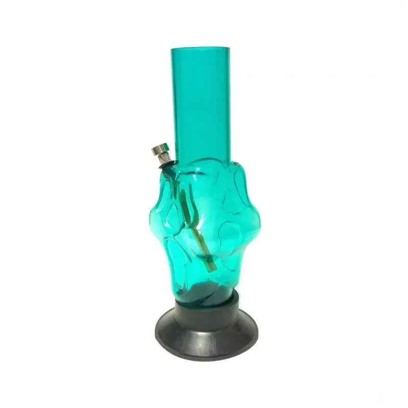 A blue acrylic waterpipe bong with a skull face design on the base, including a bowl for tobacco or herbs.