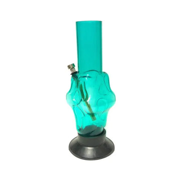 A blue acrylic waterpipe bong with a skull face design on the base, including a bowl for tobacco or herbs.