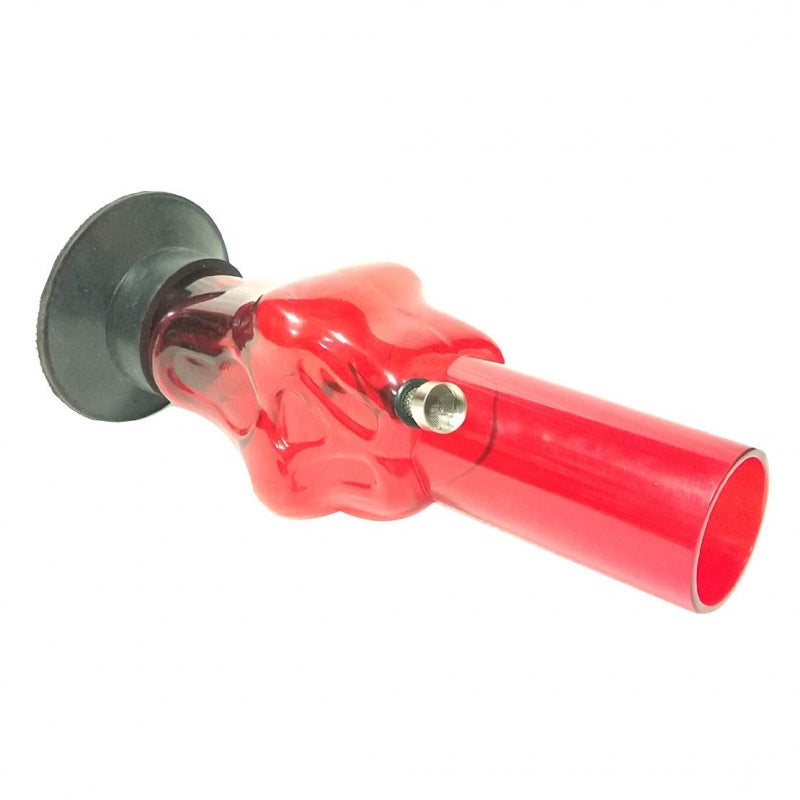 A transparent red acrylic waterpipe smoking bong with a black lid and a skull face design on the bowl.