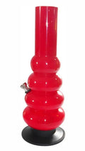 A 12-inch opaque red acrylic water pipe bong with multiple bulbous sections and a bowl attachment on top.