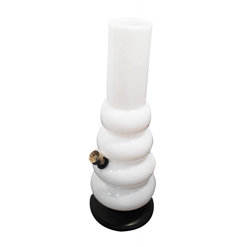 A 12 inch tall opaque white acrylic waterpipe bong with multiple bulbous sections and a black base.