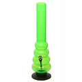 A 12 inch tall transparent green acrylic waterpipe bong with multiple bulbous sections and a circular base.