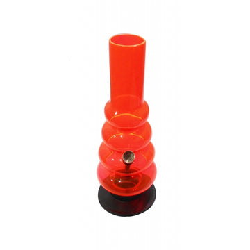 A 12 inch tall 4 bulb acrylic waterpipe bong in transparent orange color with a base and mouthpiece visible.