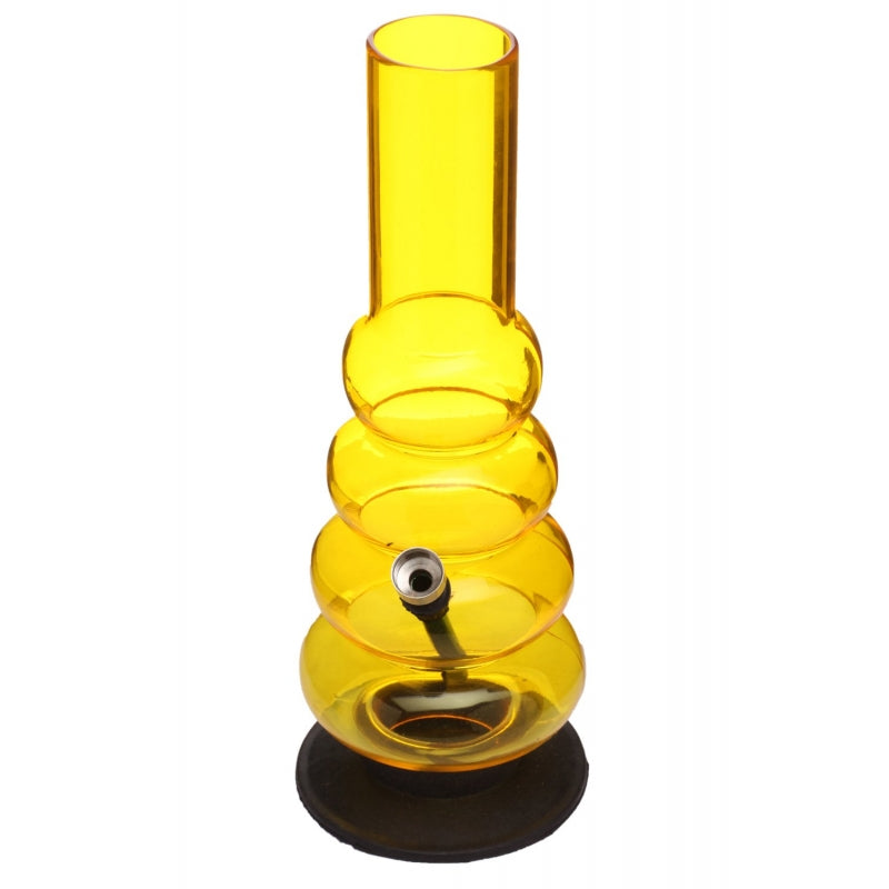 This image features a striking moksha 12 inch tall 4 bulb acrylic waterpipe bong in a transparent yellow color. The waterpipe is designed with four bulbous sections, each connected by narrow tubes, enhancing both its aesthetic appeal and functionality.
