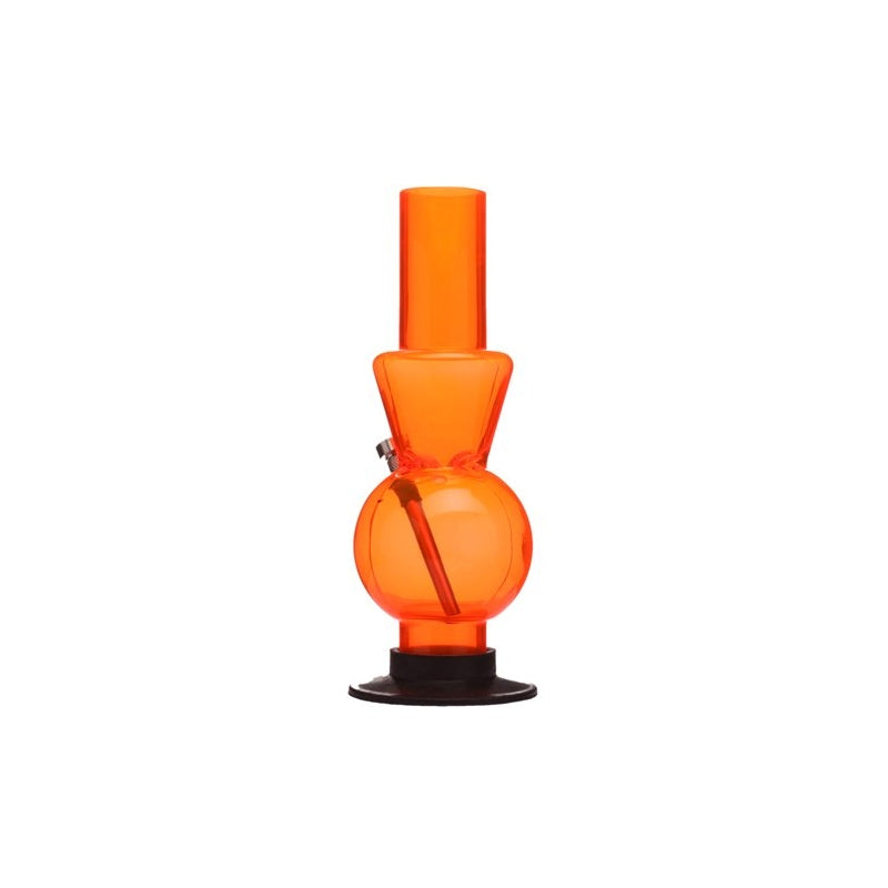 An orange acrylic ice water bong with a globe-like base and a narrow top tube, featuring a downstem and a small hole for smoking.