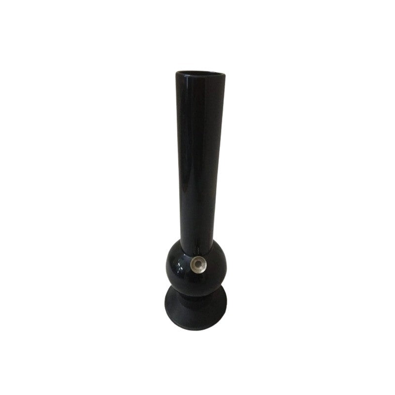 A black 12 inch tall acrylic bulb bong with a glossy finish and metal fittings.