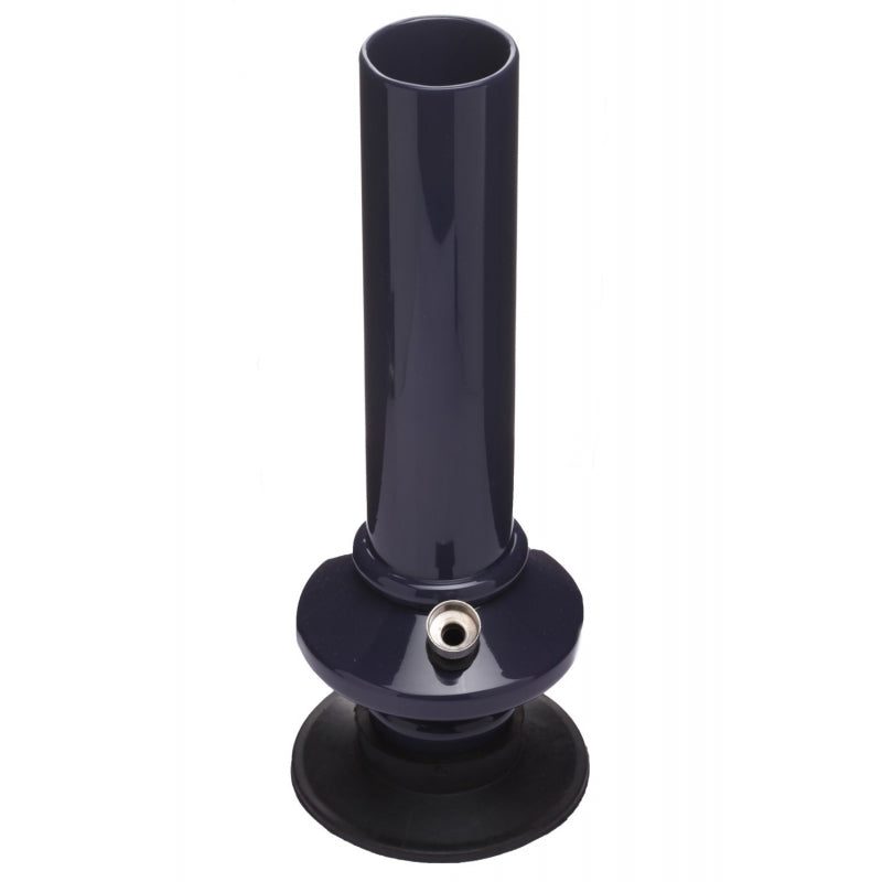 A 12 inch tall opaque black acrylic water pipe bong with a mini disc bulb shape.