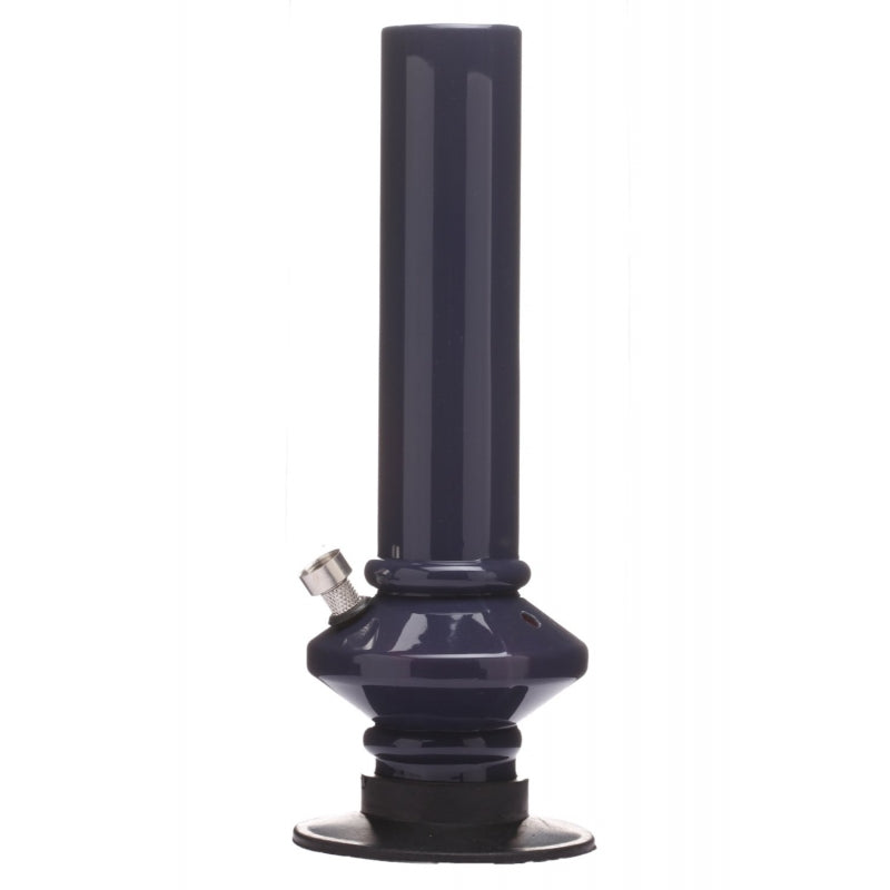 A 12 inch tall opaque black acrylic water pipe bong with a mini disc bulb shape.