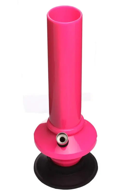 A pink Moksha acrylic mini disc bulb waterpipe bong.