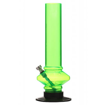 A 12-inch mini disc bulb acrylic water pipe bong in transparent green color with a black base.