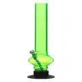 A transparent green acrylic water pipe bong with a bulbous base and a narrow tube, standing upright on a black base.