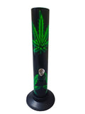 A black acrylic water bong with a green leaf pattern.
