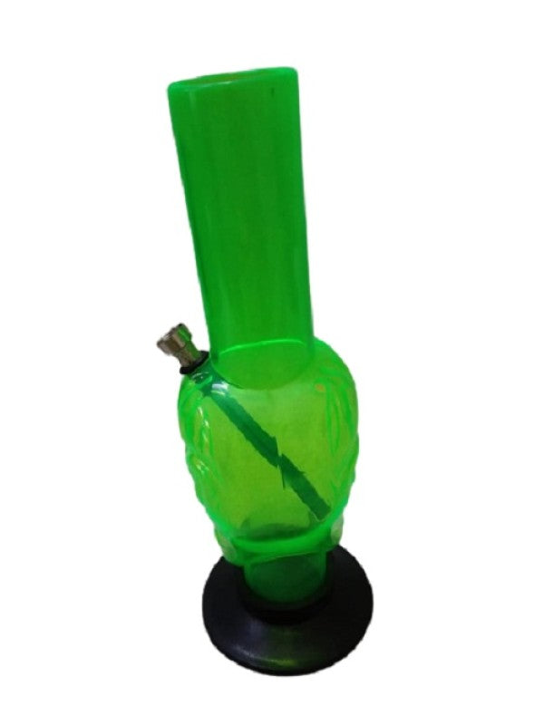 A 12-inch acrylic water pipe bong in a translucent green color with an alien face shape.