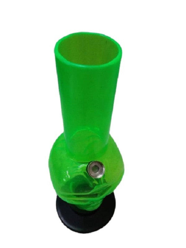 A 12-inch acrylic water pipe bong in a transparent green color with an alien face shape.