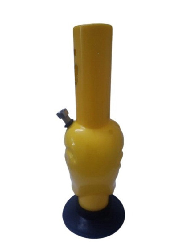 A yellow acrylic waterpipe bong with an alien face shape on a white background.