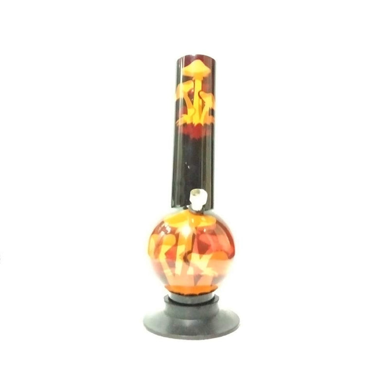 An orange and black acrylic water bong designed to resemble a mushroom.