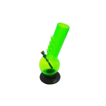 A 12 inch tall green acrylic water bong with a bend design, featuring a round base and a narrow tube, against a white background.