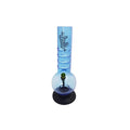 A transparent sky blue acrylic water bong with a decorative pattern, including a metal bowl and stem, standing on a black base.
