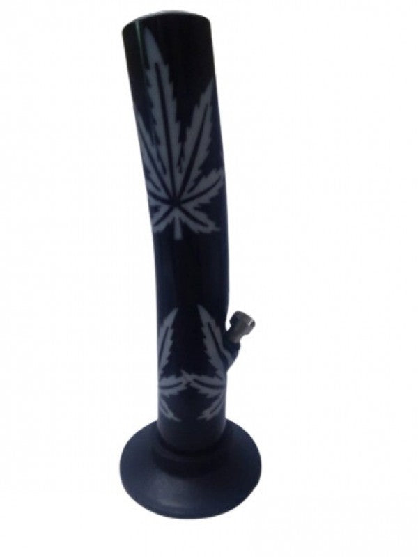 A 12 inch tall black and white leaf patterned acrylic ice bong.