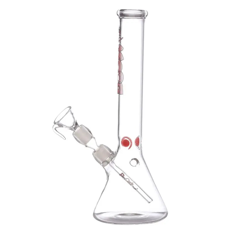 A 12 inch tall clear glass water pipe designed as an ice bong with boost print, featuring a bulbous base and a narrow neck, with red accents inside.