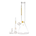 A clear oval bulb glass water pipe hookah ice bong with yellow boost print, including additional glass pieces.