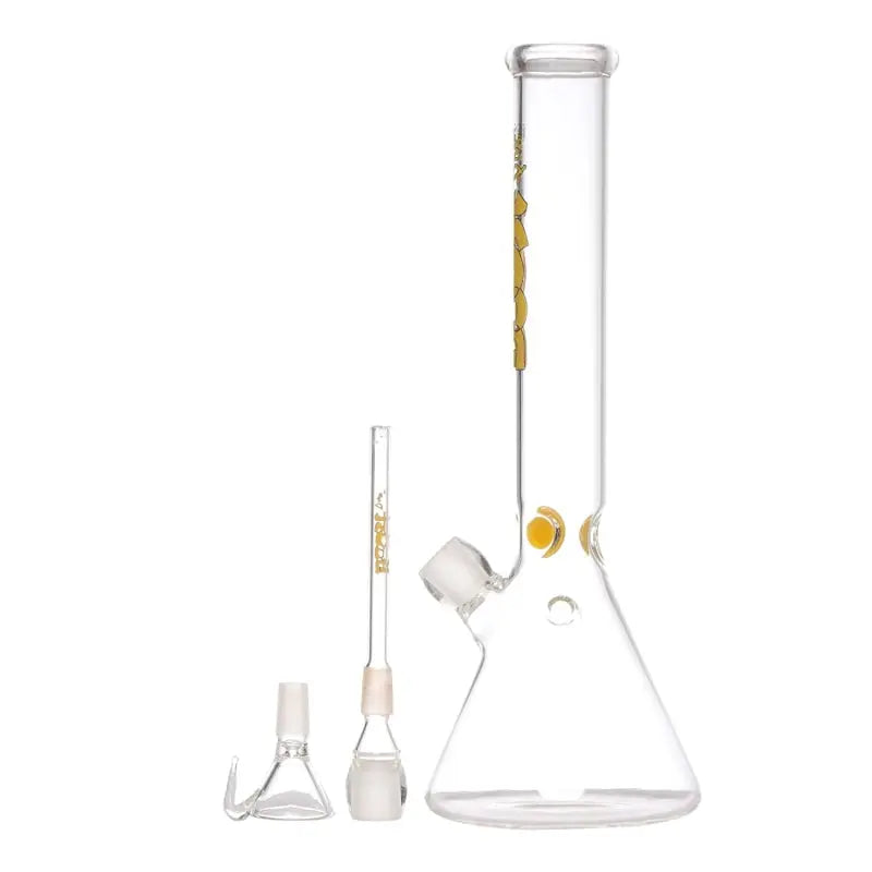 A clear oval bulb glass water pipe hookah ice bong with yellow boost print, including additional glass pieces.
