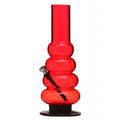 A 12 inch tall transparent red acrylic bong with multiple bulbous sections and a bowl piece on top.