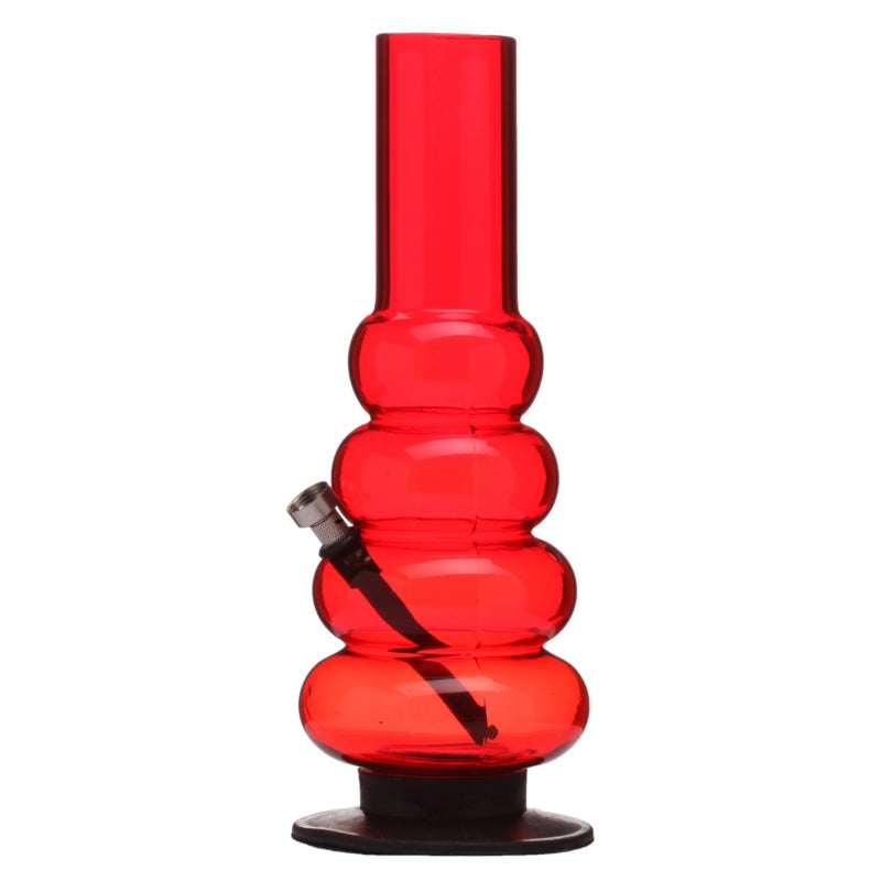 A 12 inch tall transparent red acrylic bong with multiple bulbous sections and a bowl piece on top.