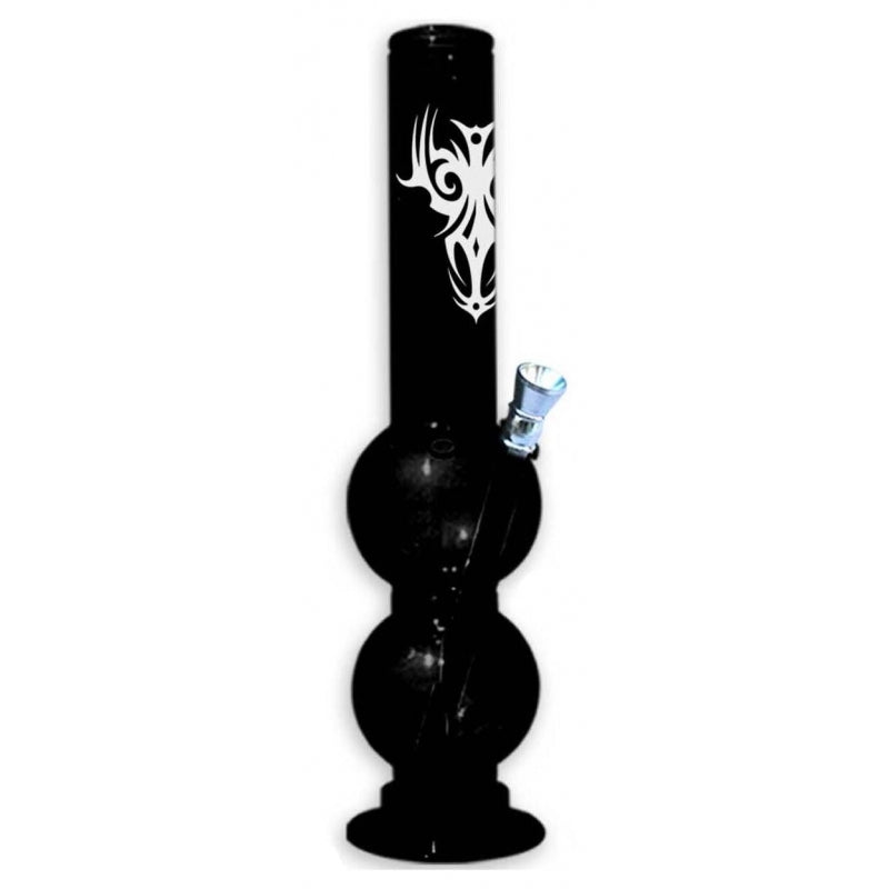A 12 inch tall double bulb acrylic water bong in black color with a white tribal pattern and a small blue glass piece attached.