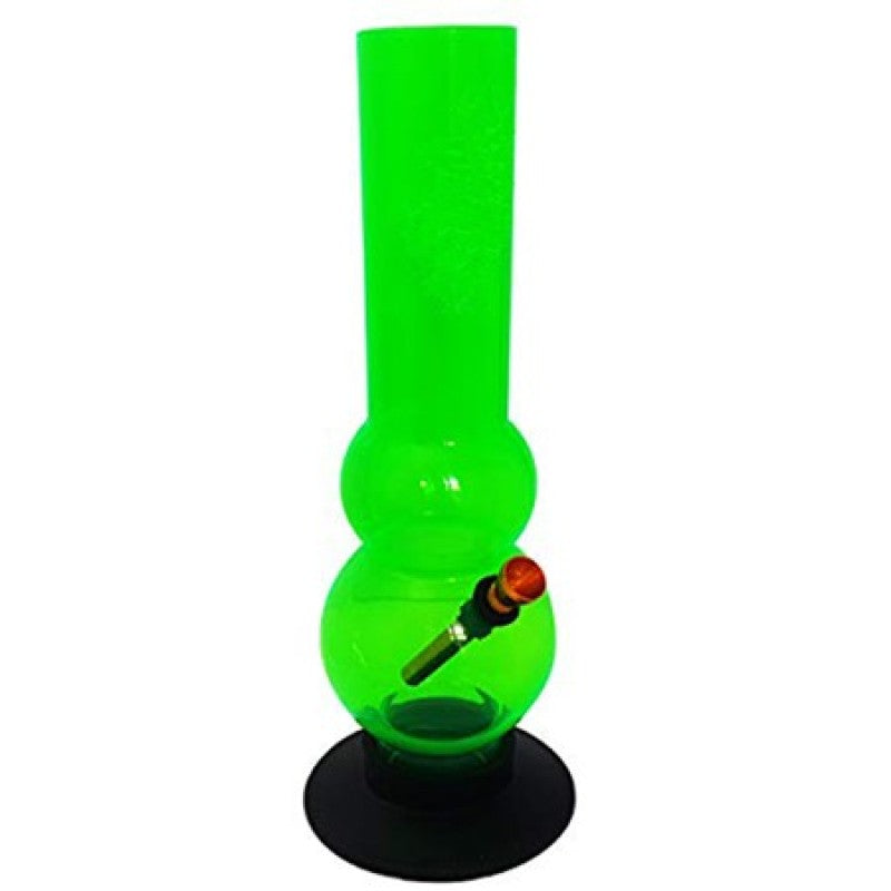 A 12 inch tall double bulb water pipe bong in transparent green color with a black base and a red bowl.