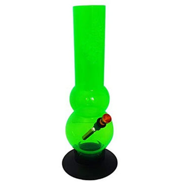 A 12 inch tall double bulb water pipe bong in transparent green color with a black base and a red bowl.