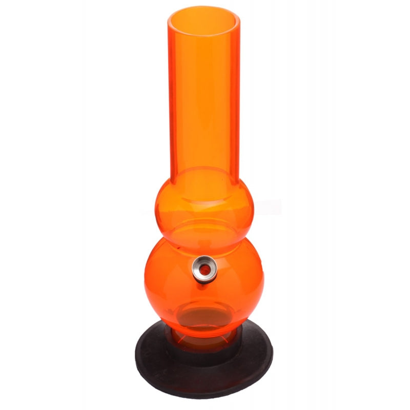 An orange acrylic water pipe bong with a double bulb design on a white background.