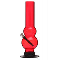A 12 inch tall double bulb red acrylic water pipe bong with a bowl piece attached on top.