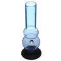 A transparent sky blue acrylic double bulb water pipe bong with a solid black base.