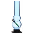 A sky blue acrylic water pipe bong with a double bulb design, including a green and silver accent, on a black base.