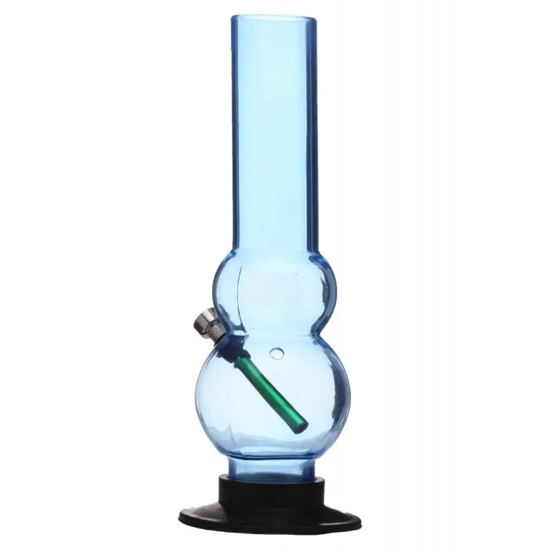 A sky blue acrylic water pipe bong with a double bulb design, including a green and silver accent, on a black base.