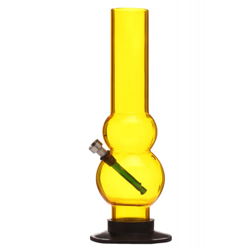 A 12 inch tall double bulb yellow acrylic water pipe bong.
