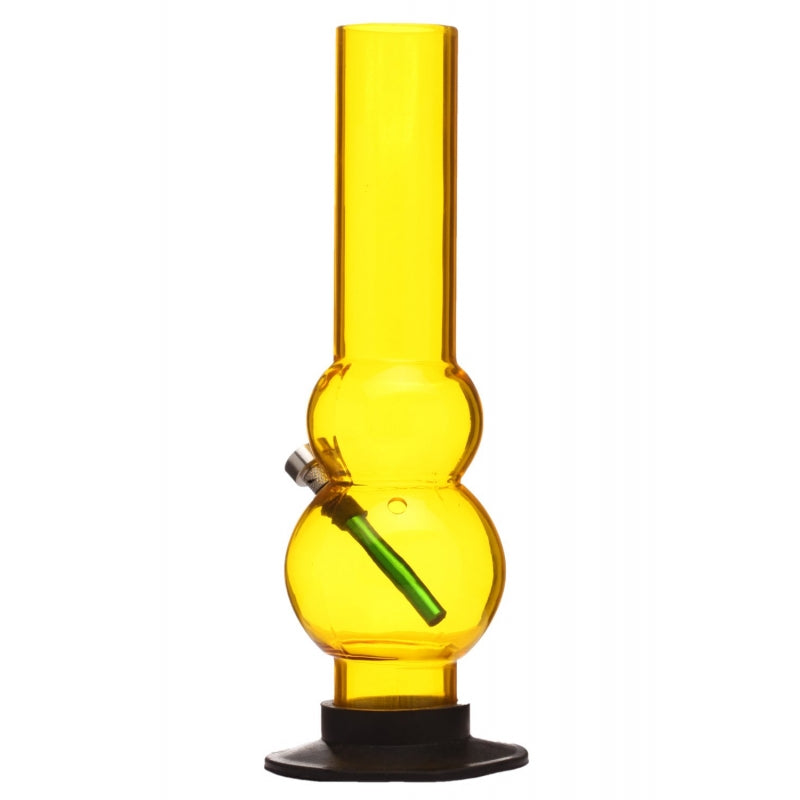 A 12 inch tall double bulb acrylic water pipe bong in transparent yellow color with a green mouthpiece.