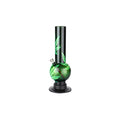 A tall acrylic bong with a green leaf design on it, featuring a bowl for tobacco at the top, a narrow tube, and a round base.