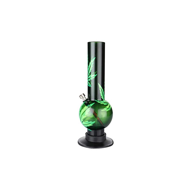 A tall acrylic bong with a green leaf design on it, featuring a bowl for tobacco at the top, a narrow tube, and a round base.