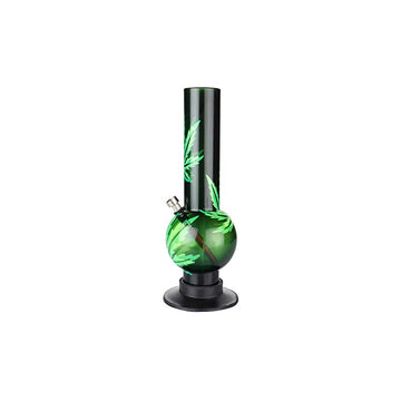 A tall acrylic bong with a green leaf design on it, featuring a bowl for tobacco at the top, a narrow tube, and a round base.